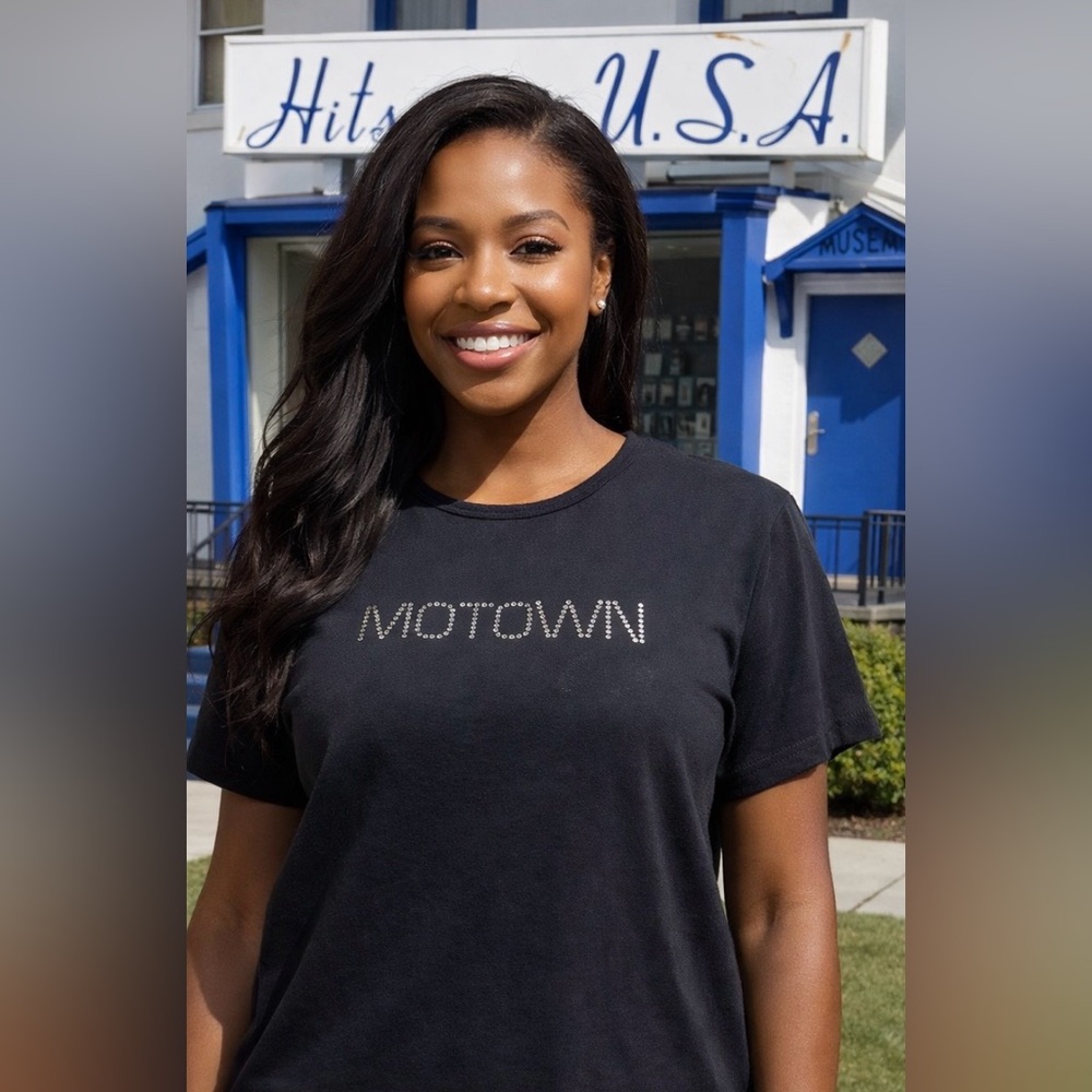 Motown Record Label Mini Rhinestone Black Short Sleeve Women's Tee X-Large